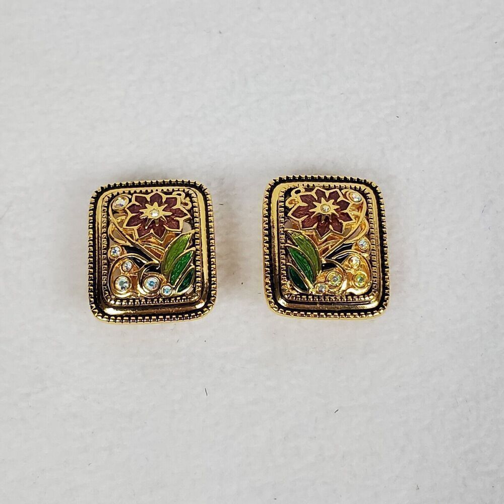 Signed JOAN RIVERS Enamel Rhinestone Floral Picture Frame Clip Earrings